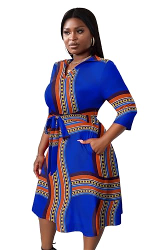 Image of FANDEE Plus Size Midi Dress for Women - Printing Summer Dresses for Wedding Guest Cocktail Party 3 /4 Sleeve V Neck（L-5XL）