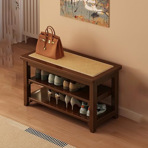 IYUESQ Zapatero de Dos Niveles, Organizador de Zapatos de Madera, Zapatero de ratán, Ideal para pasillos, entradas y Salas de Estar (Madera Original, 80 x 30 x 41,5 cm).