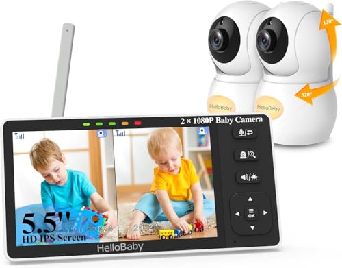HelloBaby - Monitor de bebé con 2 cámaras, pantalla de 5,5 pulgadas, visión HD 1080p, sin wifi, Pan-Tilt-Zoom