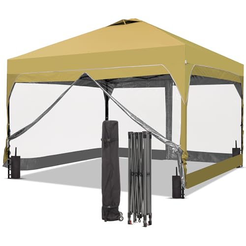 GDY 12x12FT Pop Up Canopy Tent with One Push Setup, Easy Setup Gazebo with 4 PVC Transparent Sidewalls for Events, Parties, Camping, Khaki