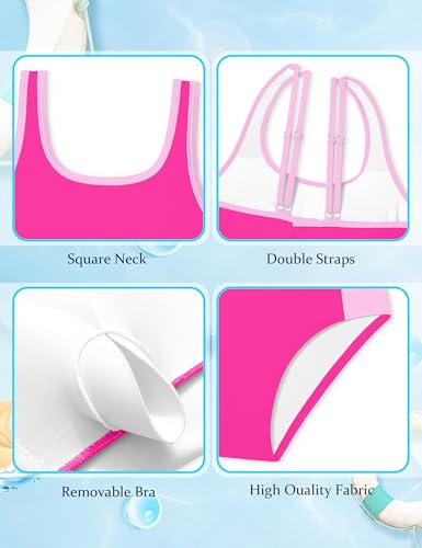 Image of Girls Swimsuit Ruffled Square Neck Color Contrast Trim One Piece Bathing Suit Geometric Girls' Swimwear 9-16Y