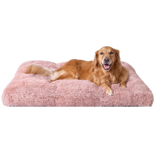 EHEYCIGA Fluffy Dog Crate Bed for Extra Large Dogs Plush Faux Fur Crate Pad Calming Anti Anxiety XL Dog Bed Washable Soft Warm Crate Mat with Non-Slip Bottom Pink