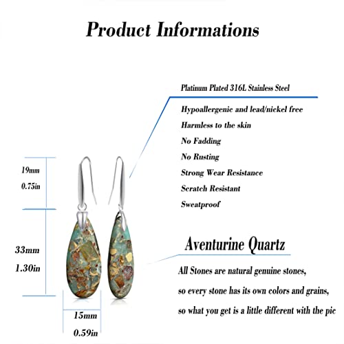 Hqfjw Natural Waterdrop Aventurine Quartz Crystal Stone Drop Dangle Earrings,Simple Dainty Real Genuine Healing Teardrop Dongling Gemstone Single Stone Dangle Earrings For Women Girls (B1_Aventurine) #TOP6