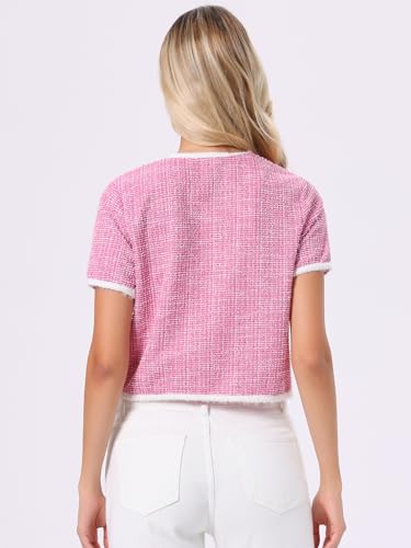 Image of Allegra K Short Sleeve Tweed Jacket for Women Summer Crew Neck Button Front Cropped Cardigan
