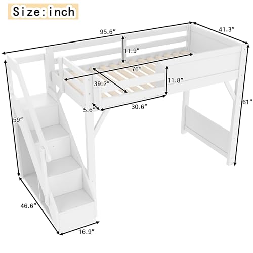 Image of KEIKI Solid Wood Twin Size Loft Bed Frame with Stairs, Built-in Wardrobe and Storage Space, Twin Loft Bed with Shelves, Full-Length Guardrails, No Box Spring Needed for Bedroom, Light White