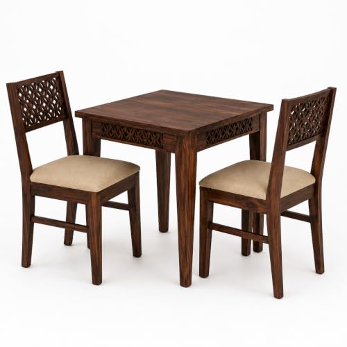 Image of Solid Sheesham Wood 2 Seater Dining Table Set for Home & Kitchen | Walnut Finish Wooden Dining Set with 2 Cushioned Chairs | Table Size 34 x 30 x 29 Inches | Chair Size 17 x 17 x 35 Inches