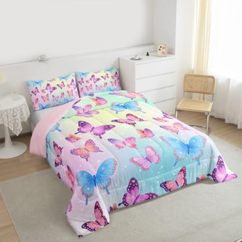 Image of Erosebridal Butterflies Full Size Comforter Sets for Kids Boys Girls,Blue Purple Butterfly Bedding Set,Elegant Wildlife Duvet Insert,Gradient Starry Quilt Bedroom Decor