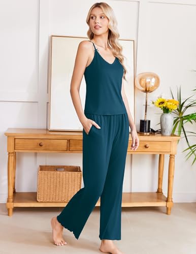 Image of Ekouaer Womens Y2K Cami Pajama Set with Flare Pants, 2 Piece Lace Trim Sleepwear Spaghetti Strap Pjs Set XS-2XL