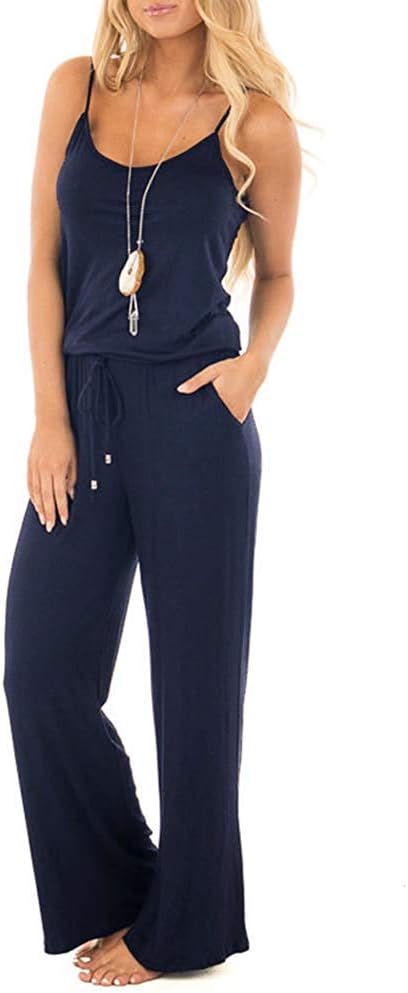 Smile Fish Women Floral Adjustable Spagettic Strap Wide Leg Drawstring Jumpsuits