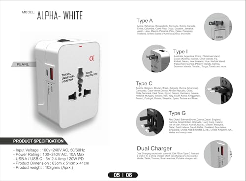 Image of Hawk International Travel Adapter with USB-A and USB-C, Universal Multi-Plug Type A /C /G /I, 20W PD Fast Charging, White, Model Alpha