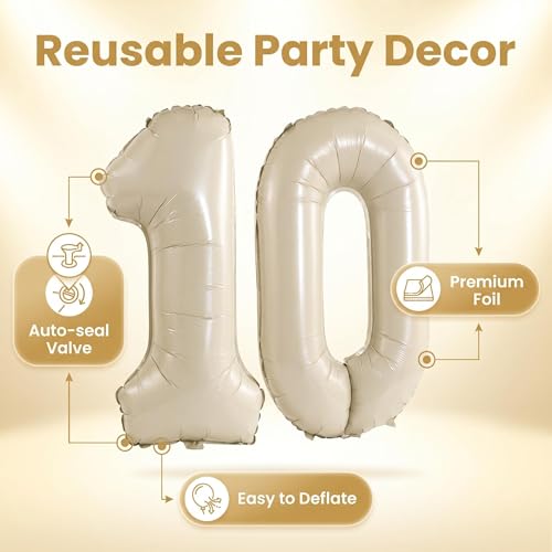 Image of Number 10 Balloon Foil Mylar Balloons for Birthday Party Decoration (Ivory, 32 Inch)