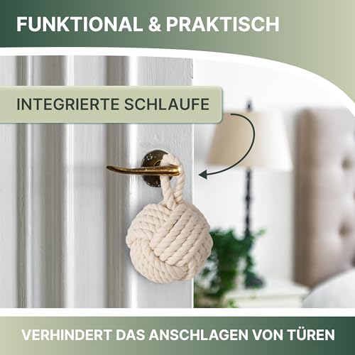 TOPANBIETER 999 2er Set Deko Türstopper Jute natur und cremweiß Türhalter Fensterpuffer Bodenstopper Tür Stopper Knoten Natur Strick Kugel mit Schlaufe ca. 1,5 kg