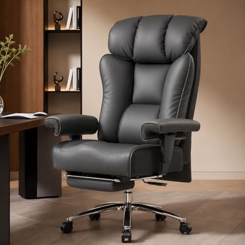 Efomao Silla de Oficina Reforzada 200 kg con Reposapiés – Silla Ejecutiva de Cuero PU con Respaldo Alto, Reposabrazos Acolchados Ajustables y Soporte Lumbar