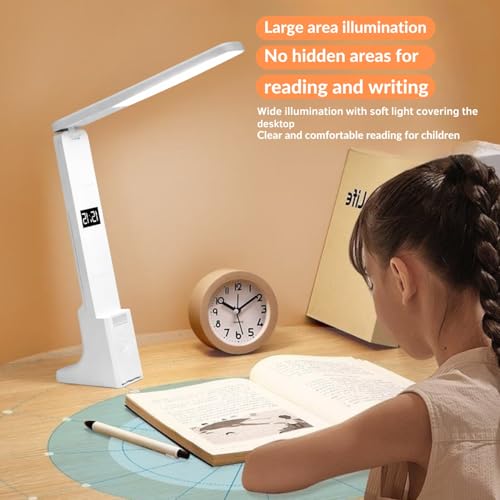 Image of One94Store SmartLite Portable Desk Lamp - White Color Rechargeable LED Table Lamp with 1200mAh Battery, Built-in Digital Clock, Touch Control Brightness, Lamp (White)