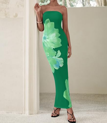 Image of PRETTYGARDEN Women Summer Strapless Maxi Dress Bodycon Floral Sexy Long Wedding Guest Dress Formal Tube Mesh Cocktail Dresses