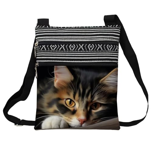 Tabby Cat Messenger Bag Small Ethnic Pattern Printed Adjustable Strap Crossbody Zipper Bag Tabby Cat Phone Bag Wallet Cute Shoulder Handbag for Women