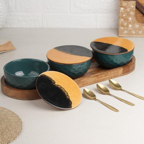 Image of The Earth Store Teal Diamond Ceramic Bowl Serving Set - 3 Bowls (500ml Each) with Wooden Tray, 3 Spoons & 3 Multipurpose Lids /Coaster - for Snacks, Curries, Desserts & Fruits