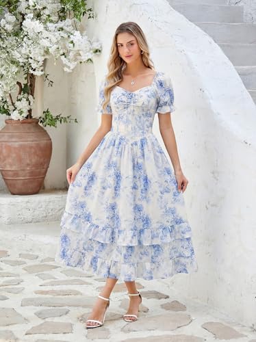 Image of Scarlet Darkness Women Floral Maxi Dress Puff Sleeve Tea Party Corset Dress | Pockets, Ruched Bust, Ruffled Hem, for Cottagecore Fairy Milkmaid Vacation