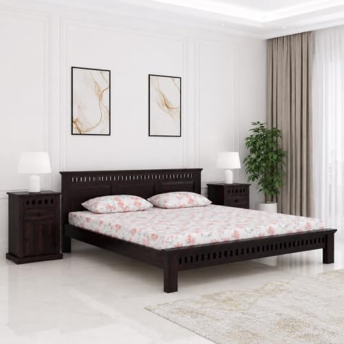 Image of SONA ART & CRAFTS Kuber Solid Sheesham Wood Queen Size Platform Bed Without Storage | Wooden Queen Size Cot Bed | Double Bed for Home - Walnut Finish (Assembly Included)