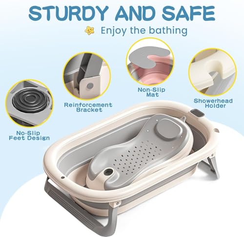 Image of MOPPETS Moppet Elite Silicone Folding Baby Bath Tub with Silicone Baby Folding Bather /Bathrack, Newborn to Toddler Safe Bathtub (0-3 Years) Elite Combo (Grey)