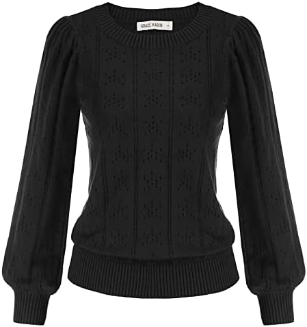GRACE KARIN Women's Long Lantern Sleeve Crew Neck Crochet Top Hol...