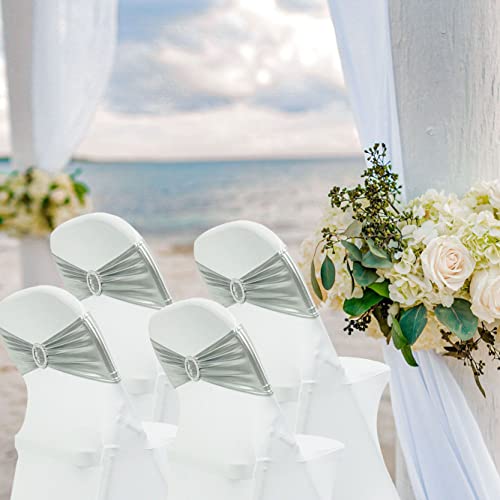 Image of Spandex Chair Sashes Bands, Metallic Silver, 50PCS | Stretch Chair Ties Bows, With Buckle Slider, For Wedding Party Banquet Decoration