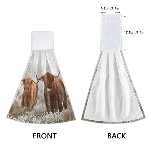 Junzan Scottish Highland Cow Kitchen Hand Towel 2Pieces Super Soft Absorbent Western Deco Hanging Tie Towels Dishcloth For Bathroom Tea Bar Tabletop Farmhouse Beach #TOP2