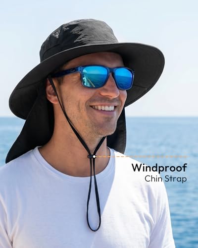 Image of Sun Hats for Men Wide Brim Bucket Hat with Neck Flap for Fishing & Hiking Mens Sun Hat for UV Protection