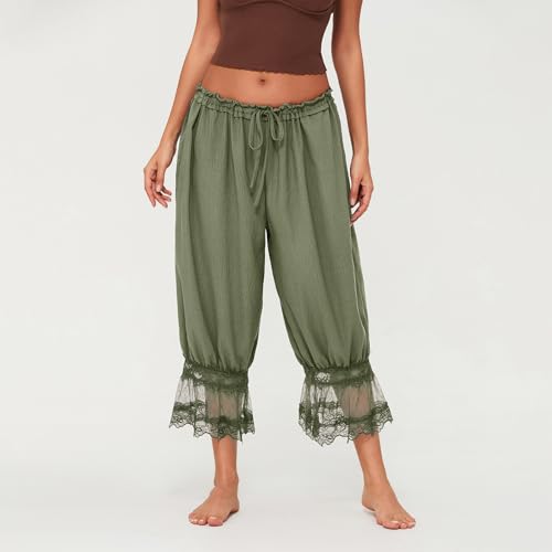 Image of KOSUSANILL Women Long Bloomer Pants Lace Trim Ruffle Pantaloons Cropped Lounge Pajama Bottoms Y2K Capri Pettipants