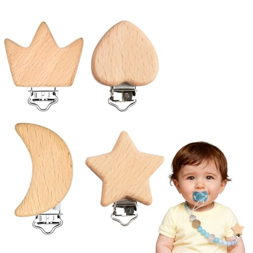 UIEXAY 4 Piezas Pinzas Chupete, Chupetero Madera Pinza Chupetero, Madera Natural Para Cadenas De Chupete, Pinza Para Chupete De Bebé Con Motivos De Animales, Cierre Metálico, Seguro Y No Tóxico