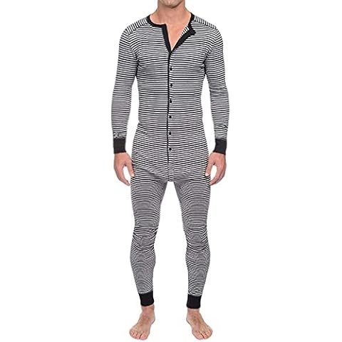 One Piece Mens Pyjama Sets Sleepsuit Onesie Jumpsuit Button Long Sleeve Striped Printed Pjs Tracksuit Sleepwear (Grey,XL) Cover