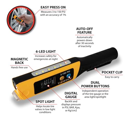 Image of Performance Tool Vortex W7910 Digital Tire Pressure Gauge with LED Penlight 180 Lumens Rechargeable PSI BAR KPA Gauge for Cars Trucks Motorcycles Bicycles Garage Auto Accessories Gifts for Men