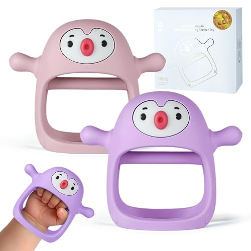 Image of Smily Mia 2pack Penguin Teether for Babies 0-6Month, Infant Teething Toys,Pacifiers for Breastfed Babies, Silicone Teething Mittens for 3-6Months, Perfect Shower Gift+Baby Registry, Pink&Purple
