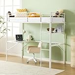 Bonnlo Loft Bunk Bed with Desk, Non-Slip Straight Ladder Single Loft Bed with Outlet and LED Light Strip, Multifunctional Metal Bed Frame Raised for Kids, Teens and Adults, White