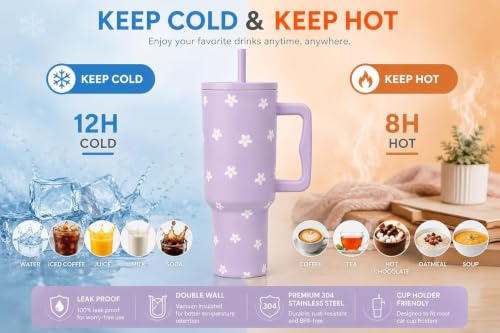 Image of CYNVEXA Tumbler with lid and Straw 1200ML Cup Stainless Steel Vacuum Insulated Tumbler for Water, Iced Tea or Coffee 1.2L Office Gym Travelling (Purple Flower)