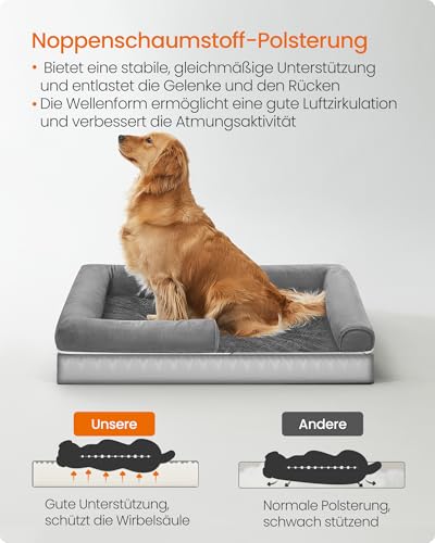 Feandrea Orthopädisches Hundebett, Hundekissen, Hundekorb, weiche Polsterung, Hundesofa, erhöhte Ränder, Bezug abnehmbar und waschbar, 112 x 81 x 18 cm, rutschfeste Unterseite, hellgrau PGW068G02V1