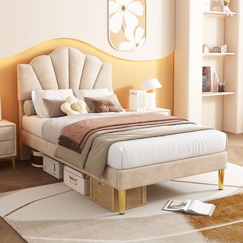 Goldicoo Cama tapizada de terciopelo, 90 x 200 cm, cabecero en forma de concha, patas de hierro dorado, altura regulable, somier de listones de madera, beige
