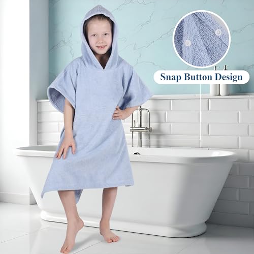 Image of Superior Kids Cotton Terry Poncho, Soft, Absorbent Bath Towel with Hood, Bathroom Accessories, Long, Plush Bathrobes for Bath, Shower, Spa, Resort, Hotel, Beach, Pool, Boy, Girl, Large Size, Blue