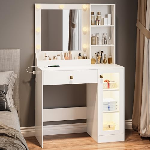 Image of Wodeer Small Makeup Vanity Desk with Mirror and Lights, Vanity with Glass Cabinet, LED Lights & Power Outlet, Drawer & RGB Glass Cabinets, Adjustable Lighted Dressing Table for Women & Girls Bedroom