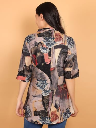 Image of FIMS - Fashion is my style Rayon Abstract Printed Short Kurti for Women, Tunics Tops, Ethnic Wear for Office, Flared, Mandarin Collar V Neck, Roll-Up Sleeves, Summer Wear, Ideal Gift for Girls