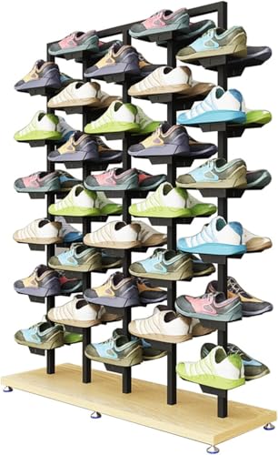 Commercial Shoe Store Display Stands,Modern Clothing Store,Large Free Standing,Metal Sneaker Rack,Retail Boutique Shoe Organizer Stand,High Heel Exhib,Double-Sided Black Wood Grain Base