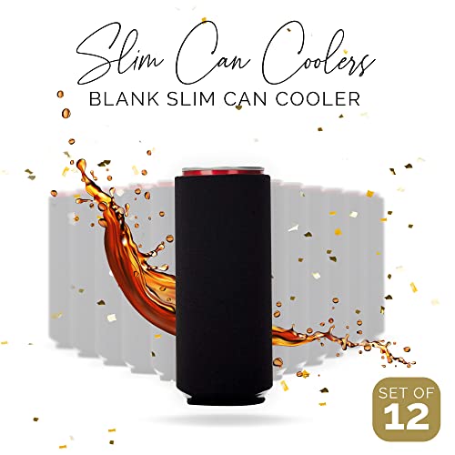 Image of Slim Can Cooler Sleeves 12 Pack- Blank Foldable Neoprene 12oz Can Insulators - Skinny Beverage Coolers for Beer & Soda - Sublimation-Ready (Black)