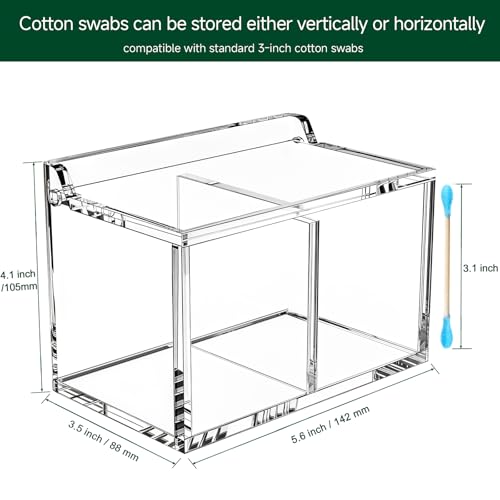 Qtip-Holder-Dispenser-for-Cotton-Swabs-Balls-Pads-Floss-Picks-2-Compartments-Clear-Acrylic-Container-with-Lid-Apothecary-Jar-Bathroom-Accessories-Canister-Vanity-Storage-Organizer