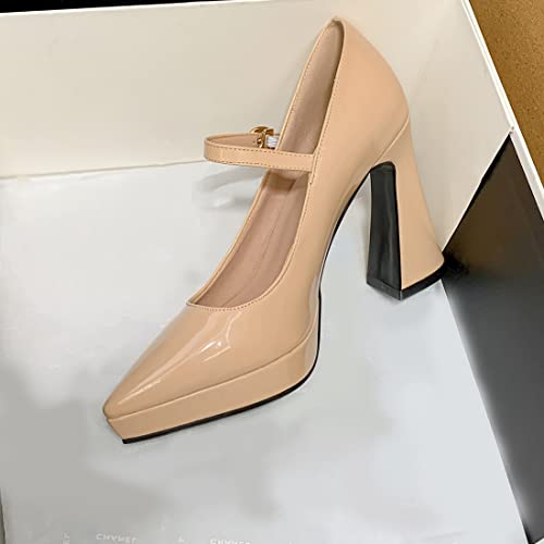VOKLIN Women's Fashion Pointed Toe Ankle Strap Dress Pumps Chunky Block High Heel Patry Mary Jane Pump Shoes3