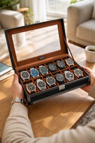Image of BOXXO 12 Slot Watch Organizer Box for Men & Women - Premium PU Leather Watch Case (12G - Black /Tan)