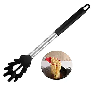 JXJYZLN Silicone Pasta Fork,Spaghetti Spoon Kitchen High Heat Resistant Noodle Spoon Server,Food Grade Pasta Spoon with Stainless Steel Handle (Black)