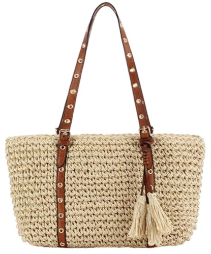 Bolso de hombro tejido de paja con tachas para mujer miniatura 1