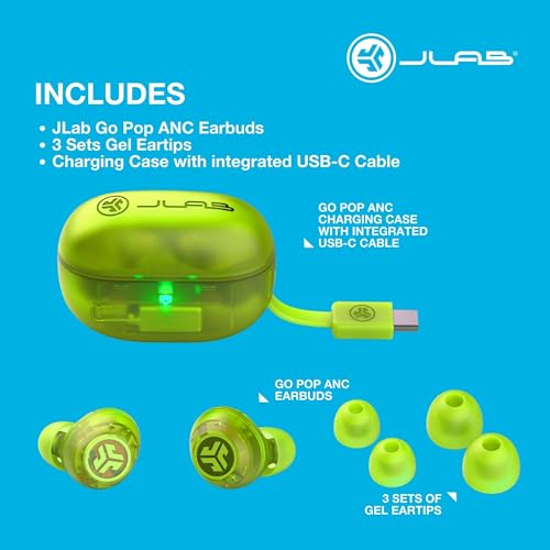 Image of JLab Go Pop ANC Active Noise Cancelling Earbuds, Bluetooth Earphones, 24+ Hr Playtime Wireless Headphones, IP55 Sweat-Resistant in Ear Buds with Microphone, Multipoint, Transparent Neon Green