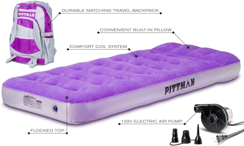 Pittman Outdoors AirBedz Kidmat Deluxe Twin Air Mattress for Kids | Includes Electric Pump & Colorful Travel Backpack | Puncture-Resistant & Easy-Inflate