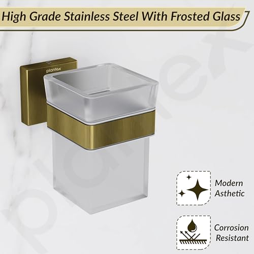 Image of Plantex Stainless Steel Tumbler Holder for Bathroom /Toothbrush Glass Holder /Bathroom Accessories - Pack of 1, Aqua (Brass Antique)